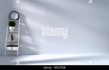 Weiße Wand mock up mit Dekoration Stil modern auf Holzregal. 3D-Rendering Stockfoto