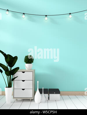 Tv Regal in mint Zimmer moderne Zen Stil - leere Zimmer Innenraum - minimales Design. 3D-Rendering Stockfoto