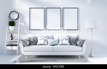 Weiß Wohnzimmer Einrichtung in skandinavischem Stil. 3D-Rendering Stockfoto