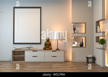 Japan Kabinett im leeren Raum Zen Stil, minimalem Design Dekoration im Regal an der Wand design verborgene Licht. 3D-Rendering Stockfoto