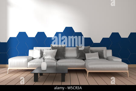 Modernes Wohnzimmer mit Sessel Dekoration und grünen Pflanzen auf Hexagon Blue Tile auf weiße Wand im Hintergrund, ein minimalistisches Design, 3D-Rendering Stockfoto