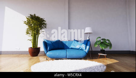 Modernes Wohnzimmer mit Sofa und grünen Pflanzen, Sofa, auf Wand Hintergrund. 3D-Rendering Stockfoto