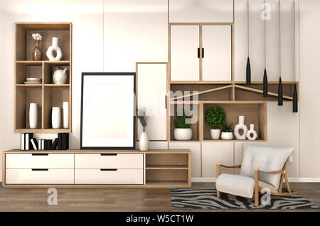 Holzgehäuse auf Zimmer regalwand minimalistisch und japanischen Interieur des Zen Wohnzimmer. 3D-Rendering Stockfoto