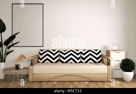 Zen modernes Wohnzimmer mit Sofa, Rahmen, Holz Fußboden und weißen Wand Zen Stil. 3D-Rendering Stockfoto