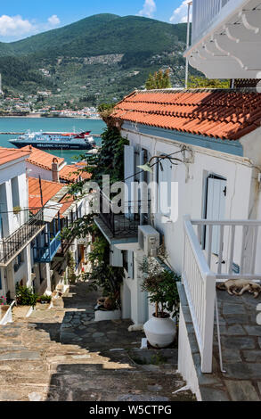 Eine Straße in der Stadt Skopelos, Nördliche Sporaden Griechenland. Stockfoto