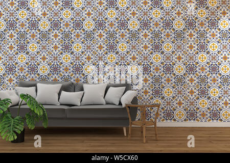 Wohnzimmer Einrichtung mit Fliesen klassische Struktur Wand Hintergrund, minimale Designs, 3D-Rendering Stockfoto