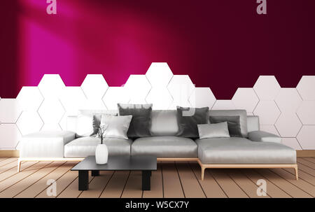 Modernes Wohnzimmer mit Sessel Dekoration und grünen Pflanzen auf Hexagon lila Kachel auf der weißen Wand Hintergrund, ein minimalistisches Design, 3D-Rendering Stockfoto