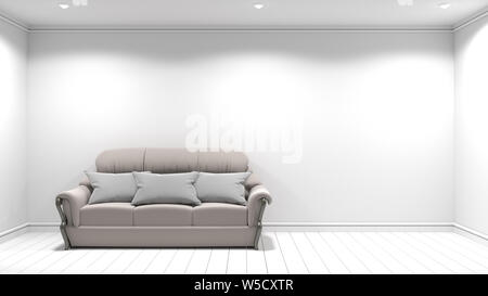 Leeren Raum, Einrichtung mit Sofa auf leere weiße Wand im Hintergrund. 3D-Rendering Stockfoto