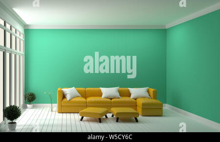 Design Konzept gelb Sofa auf Minze Wand modernes Interieur. 3D-Rendering Stockfoto