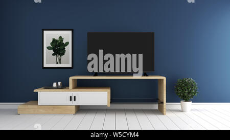 Smart TV Mockup mit tropicalroom Innenraum auf dunklen blauen Wand in der modernen weißen Boden. 3D-Rendering Stockfoto