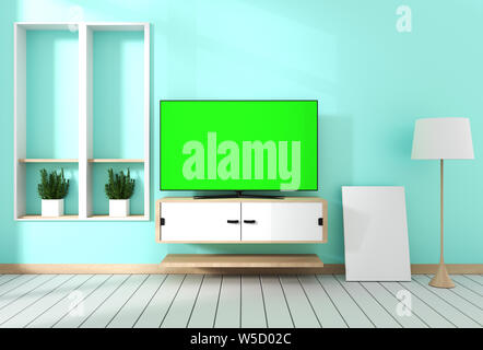 Smart TV mit leeren grünen Bildschirm zum Schaltschrankbau, modernes Wohnzimmer mit Minze Wand auf weißem Holzfußboden. 3D-Rendering Stockfoto