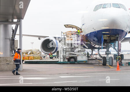 Moskau, Russland - November 23, 2013: Laden der Fracht in die Flugzeuge vor dem Abflug im Flughafen Domodedovo in Moskau, Russland Stockfoto