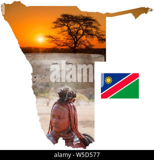 Digital verbesserte Bild einer Karte von Namibia Collage mit lokalen Bilder von Tieren, Menschen, Landschaft und eine Flagge Stockfoto