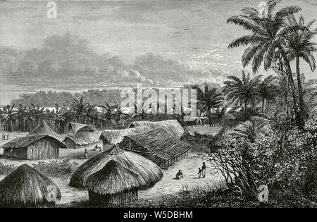 Zentralafrika. Ujiji Siedlung und dem Marktplatz, am Ufer des Lake Tanganyika (heute Tansania). Gravur. Afrika inexplorada, el Continente Misterioso von Henry Morton Stanley, C. 1887. Stockfoto