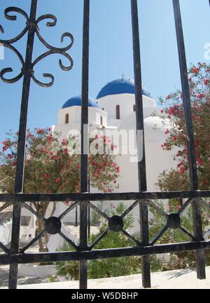 Ikonischen Blauen und Weißen Kuppelkirche und Garten in Santorini Stockfoto