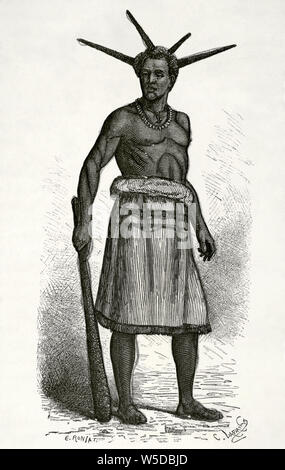 Zentralafrika. Rua indigenen Wer besucht Ujiji Gebiet. Zeichnung von Etienne Ronjat (1822-1912). Kupferstich von Charles Laplante (1837-1903). Afrika inexplorada, el Continente Misterioso von Henry Morton Stanley, C. 1887. Stockfoto