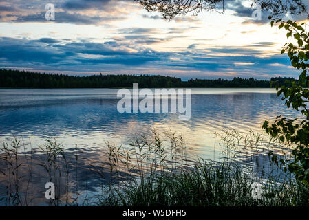 Sonnenuntergang am Ufer des ruhigen Saimaa See im Nationalpark Linnansaari in Finnland - 4. Stockfoto