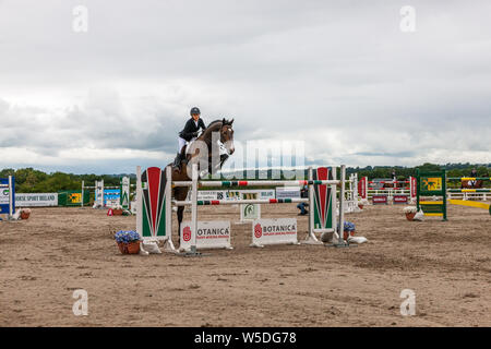 Carrigaline, Cork, Irland. 28. Juli 2019. Jamie Girlande auf Zeplepplin löscht die einen Zaun in die neue Höhe 1,5 m-Reihe während der Premier Grand Prix, 3-tägige Veranstaltung, die am Maryville Reitzentrum in Carrigaline, Co Cork, Irland, statt. Kredit; David Creedon/Alamy leben Nachrichten Stockfoto