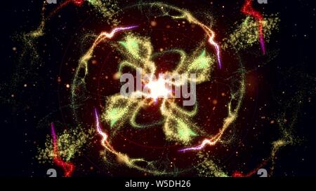 Abstrakte leuchtendes Teilchen Blume Kreis Muster 3D-Abbildung. Lebendige Feuerwerk Licht symmetrische leuchtende Muster flow in Wellen. Bunte motion gr Stockfoto