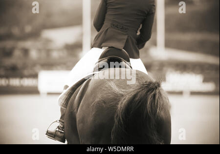 Foto von der Rückseite in einer Schwarz-weiß-Filter über einen Reiter, schnell auf einem Pferd reiten Wettbewerbe. Stockfoto