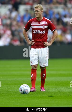 Middlesbrough, UK. 28. Juli 2019. George saville Bild während der Vorsaison Freundschaftsspiel zwischen Middlesbrough und als Saint-ƒtienne im Riverside Stadium, Middlesbrough am Sonntag, den 28. Juli 2019. (Bild: Tom Collins | MI Nachrichten) Credit: MI Nachrichten & Sport/Alamy leben Nachrichten Stockfoto