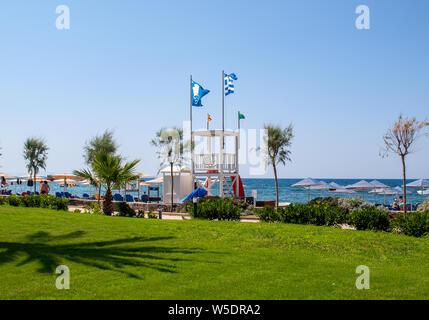 Malia, Kreta, Griechenland - Dezember 18, 2019: Blick auf den Strand von Malia auf Kreta, Griechenland Stockfoto