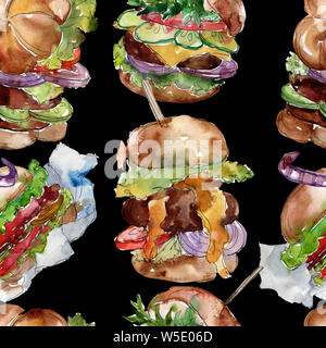 Hamburger Fast-food isoliert. Aquarell Hintergrund Abbildung. Nahtlose Boden zurück. Stockfoto