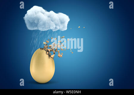 3D-Rendering von Golden Egg ab Stück aufzulösen, unter regnet Cloud auf blauem Hintergrund mit kopieren. Stockfoto