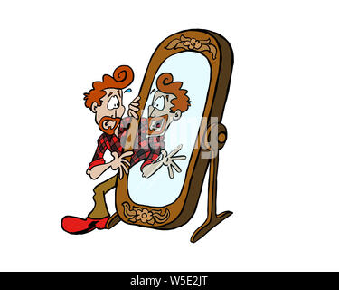 Junger Mann sich selbst entdecken in den Spiegel Stockfoto