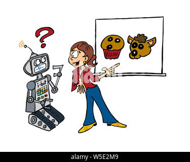 Frau Lehre ein Roboter zwischen Muffin oder chihuaua zu unterscheiden Stockfoto