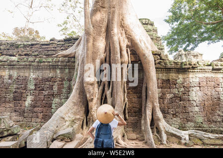 Eine touristische besuchen Angkor Ruinen inmitten Dschungel, Tempelanlage Angkor Wat, Reiseziel Kambodscha. Frau mit traditionellen Hut, Ansicht von hinten. Stockfoto