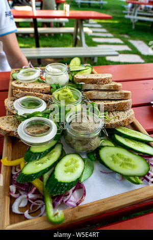 Vielzahl von Vorspeisen, Tapas Cremes Dips auf Platte mit vegetabe. Stockfoto