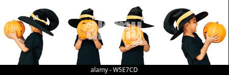 Halloween 2019. Serie von isolierten Bilder von niedlichen kleinen Zicklein in Halloween kostüm Holding geschnitzten Kürbis auf weißem Hintergrund Stockfoto