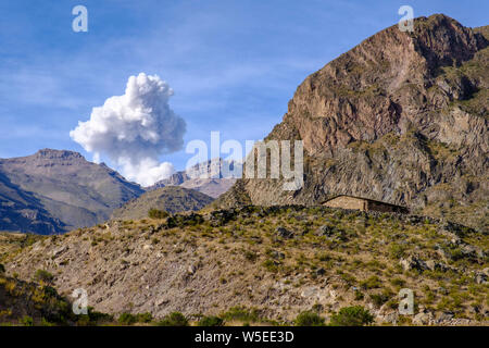 Andenlandschaft, Federn, Eruptionssäule von Sabancaya, einem aktiven Vulkan im peruanischen Altiplano, Colca Canyon, Peru Stockfoto