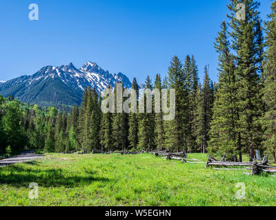 Anmelden Zaun und Wiese, Dallas Creek Road, County Road 7, San Juan Mountains in der Nähe von Fethiye, Colorado. Stockfoto