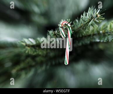 Traditionelle abgestreift Zuckerstange Weihnachten Dekoration aufhängen an künstlichen Baum Stockfoto