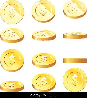 Goldene Münzen, die in der Fruchtfolge Stufen eingestellt - fliegen Geld in verschiedenen Positionen Stock Vektor
