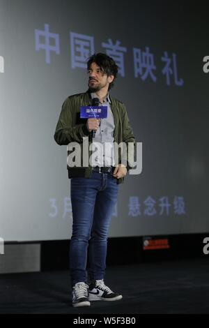 Spanische Drehbuchautor und Regisseur Oriol Paulo besucht die Premiere für neuen Film 'Mirage' in Peking, China, 24. März 2019. Stockfoto