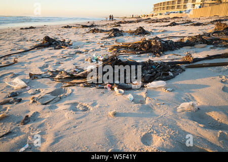 Schmutz und Kunststoff Verschmutzung gewaschen bis auf den weißen Strand sand verstrickt in Seetang oder Seetang Konzept Umwelt Küsten Zerstörung in Afrika Stockfoto