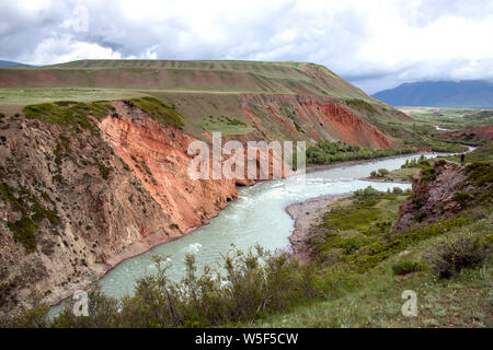 Draufsicht des Flusses Naryn durch einen Berg Schlucht fliesst. Kirgisistan Stockfoto