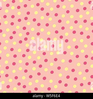 Hand gelben Pastelltönen und dunklen Polka Dots in unregelmäßigen aller Drucken gezeichnet. Die nahtlose Vektor Muster in warmen Rosa Hintergrund. Toll für Wellness Stock Vektor