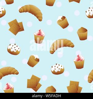 Nahtlose Muster mit niedlichen Cupcakes auf blauem Hintergrund. Stock Vektor