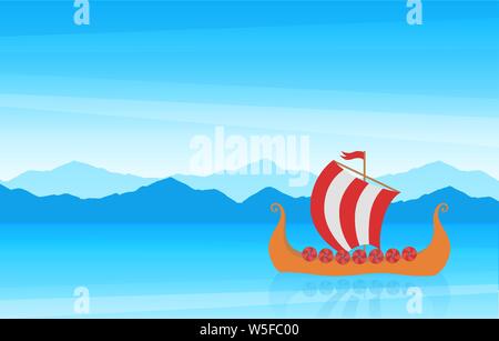 Schönen cartoon scenic Marine mit Berg Ufer und skandinavischen Mittelalterlichen Segelboot Drakkar. Stock Vektor