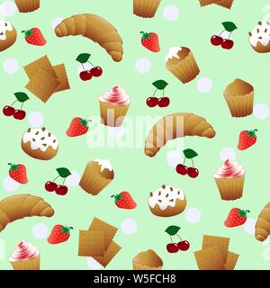 Nahtlose Muster mit niedlichen kleinen Kuchen und Obst. Stock Vektor