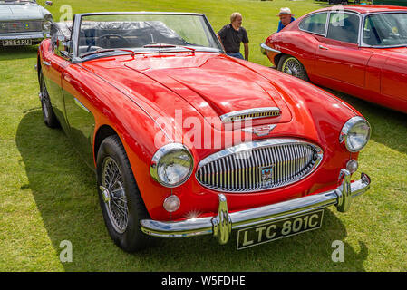 Vorderansicht eines Vintage Austin Healy 3000 MK 3 offene Sportwagen auf Anzeige an das jährliche Oldtimertreffen Wroxham, Norfolk, Großbritannien Stockfoto