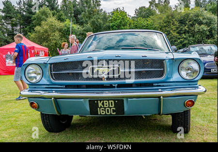 Vorderansicht eines Blue vintage Ford Mustang auf Anzeige an das jährliche Oldtimertreffen in Wroxham, Norfolk, Großbritannien Stockfoto