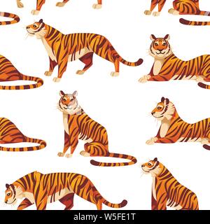 Nahtlose Muster der Erwachsenen grosse rote tiger Tierwelt und Fauna Thema cartoon Animal design Flachbild Vector Illustration auf weißem Hintergrund. Stock Vektor