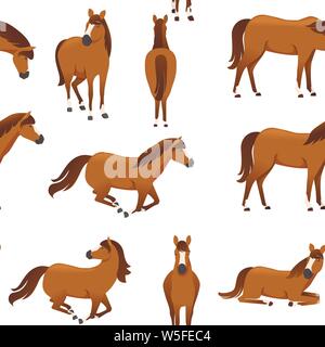 Nahtlose Muster der braunen Pferd Wild- oder Haustier cartoon Design flachbild Vector Illustration auf weißem Hintergrund. Stock Vektor