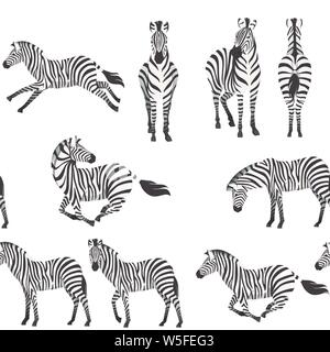 Nahtlose Muster der Afrikanischen zebra Seiten- und Vorderansicht cartoon Animal design Flachbild Vector Illustration auf weißem Hintergrund. Stock Vektor