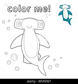 Spiel für Kinder. Umrisse Hammerhai. Färbung Seite. Schwarze und weiße Hammerhai cartoon Charakter. Vector Abbildung auf der Rückseite weiß, isoliert Stock Vektor
